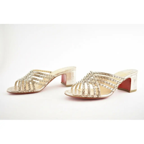 Christian Louboutin Marthaspike 55 Silver Open Sandal Mule Block Heel Pump 36.5 - Picture 10 of 12